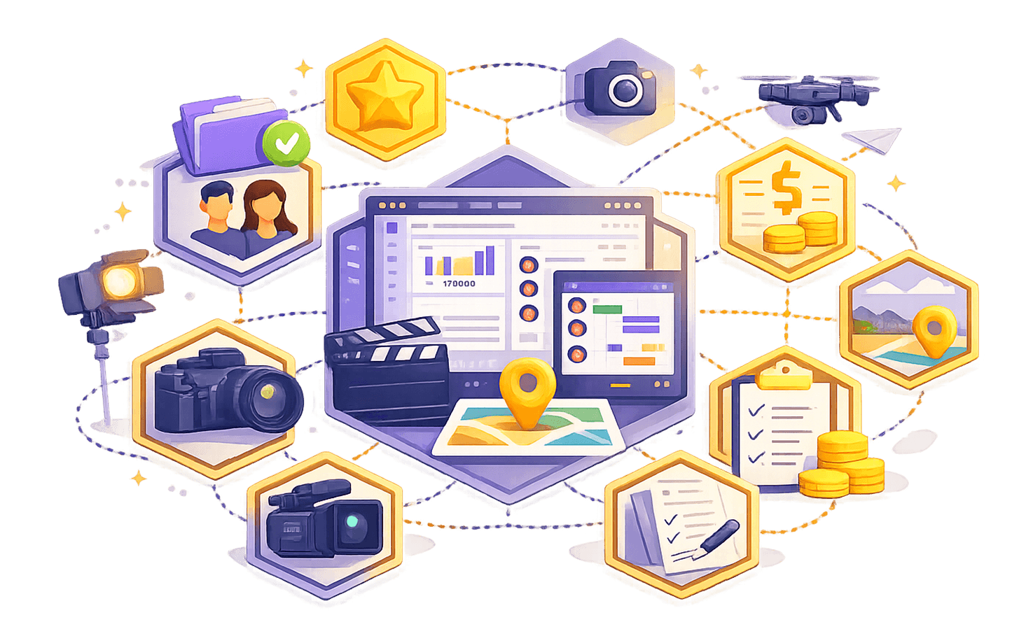 Illustration showing the modules ShootHive brings together: shoots, crew, locations, budgets, documents, and deliverables, arranged as a connected hexagonal workspace.